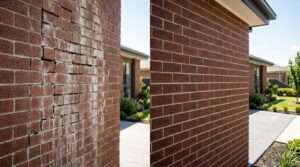 Damaged brick facade being professionally restored with new mortar