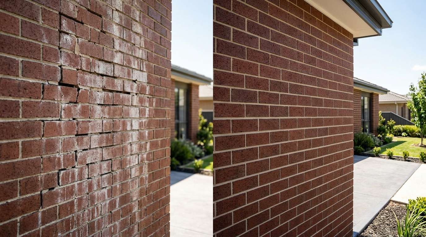 Damaged brick facade being professionally restored with new mortar