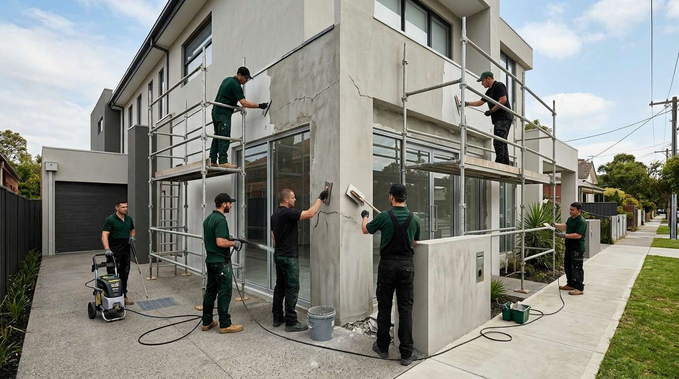 Building facade restoration contractors repairing exterior walls in Melbourne