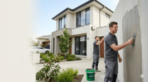 Two professional renderers from Emerald Group VIC applying base coat acrylic rendering to a modern Melbourne home, with clean space for text overlay.