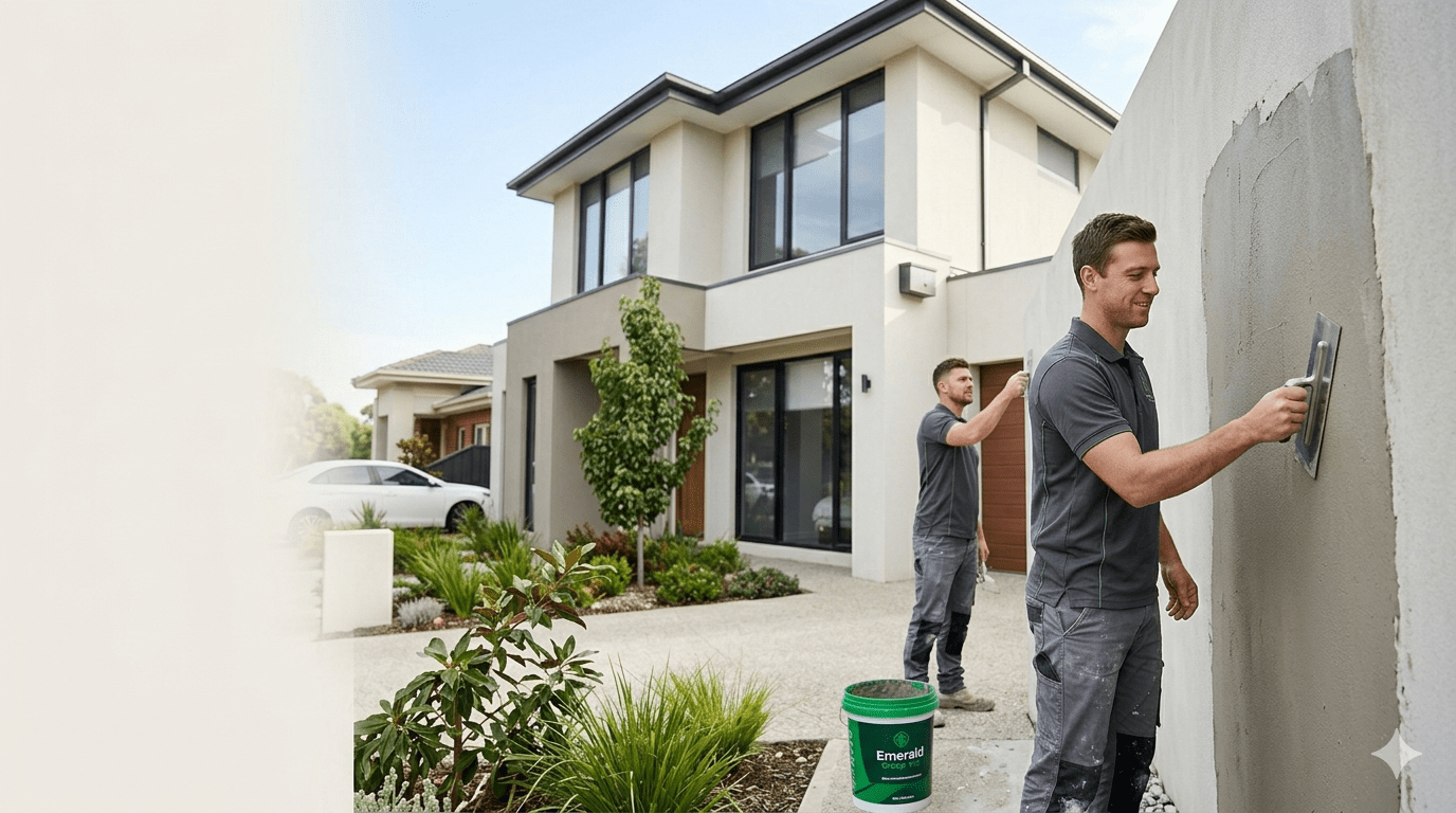 Two professional renderers from Emerald Group VIC applying base coat acrylic rendering to a modern Melbourne home, with clean space for text overlay.