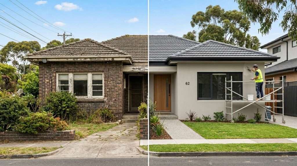 Before and after house rendering transformation in Melbourne showing cost-effective exterior wall renovation with smooth modern finish.
