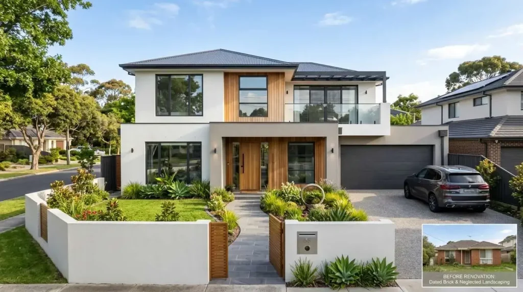 Luxury Melbourne home exterior after rendering renovation with smooth modern walls and landscaped garden.