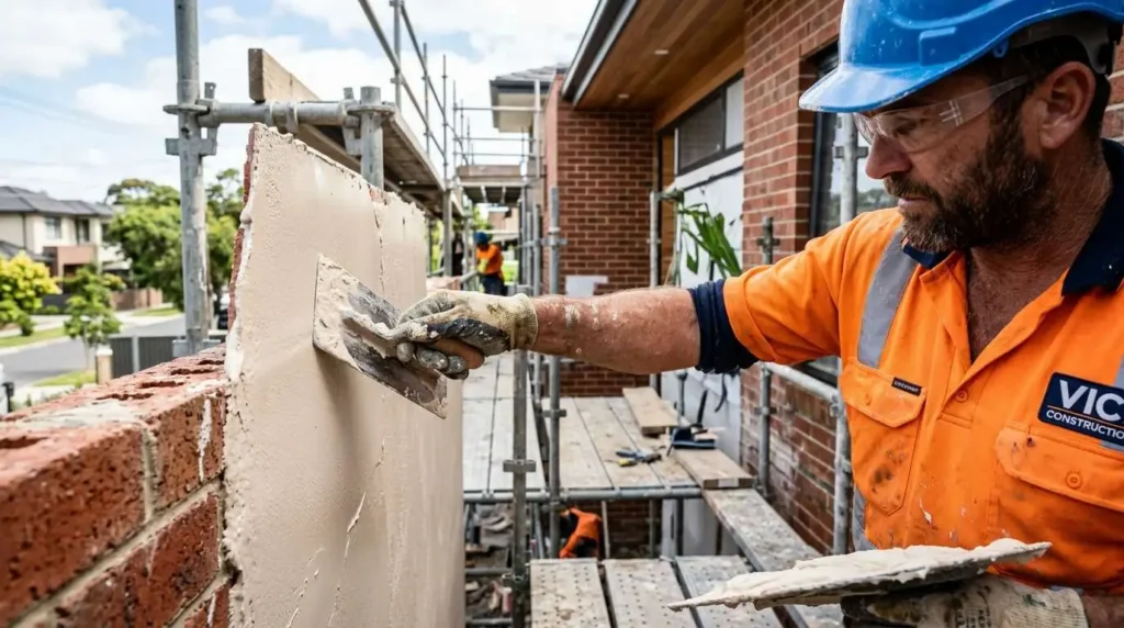 Tradesperson applying acrylic render to exterior brick wall in Melbourne showing smooth finish, wet render texture, scaffolding, and professional house rendering process.
