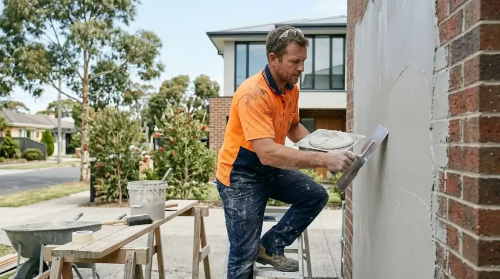 Expert applying acrylic render to an exterior brick wall during a Melbourne home renovation