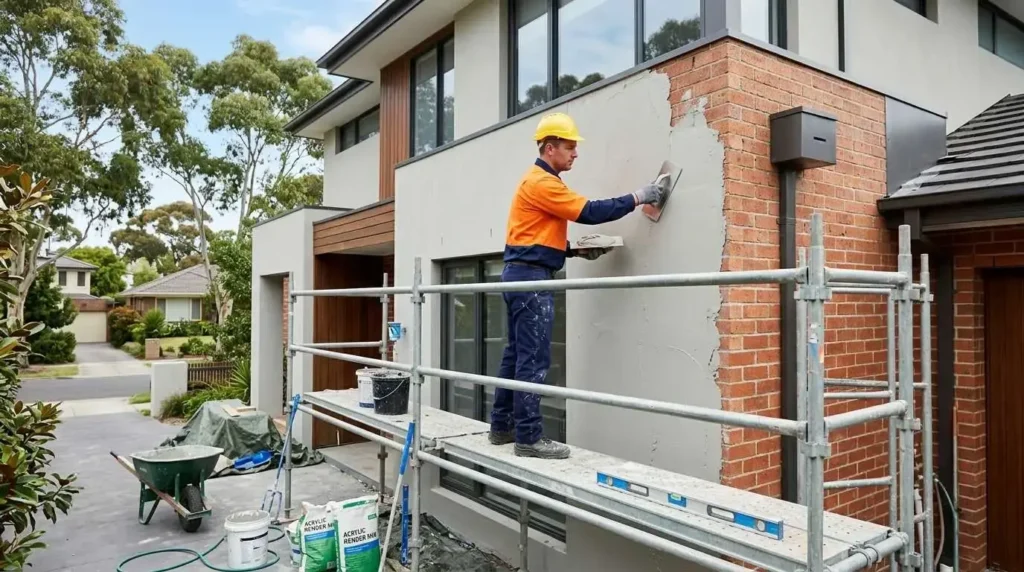 Professional tradesman applying smooth acrylic render to a brick house exterior in Melbourne