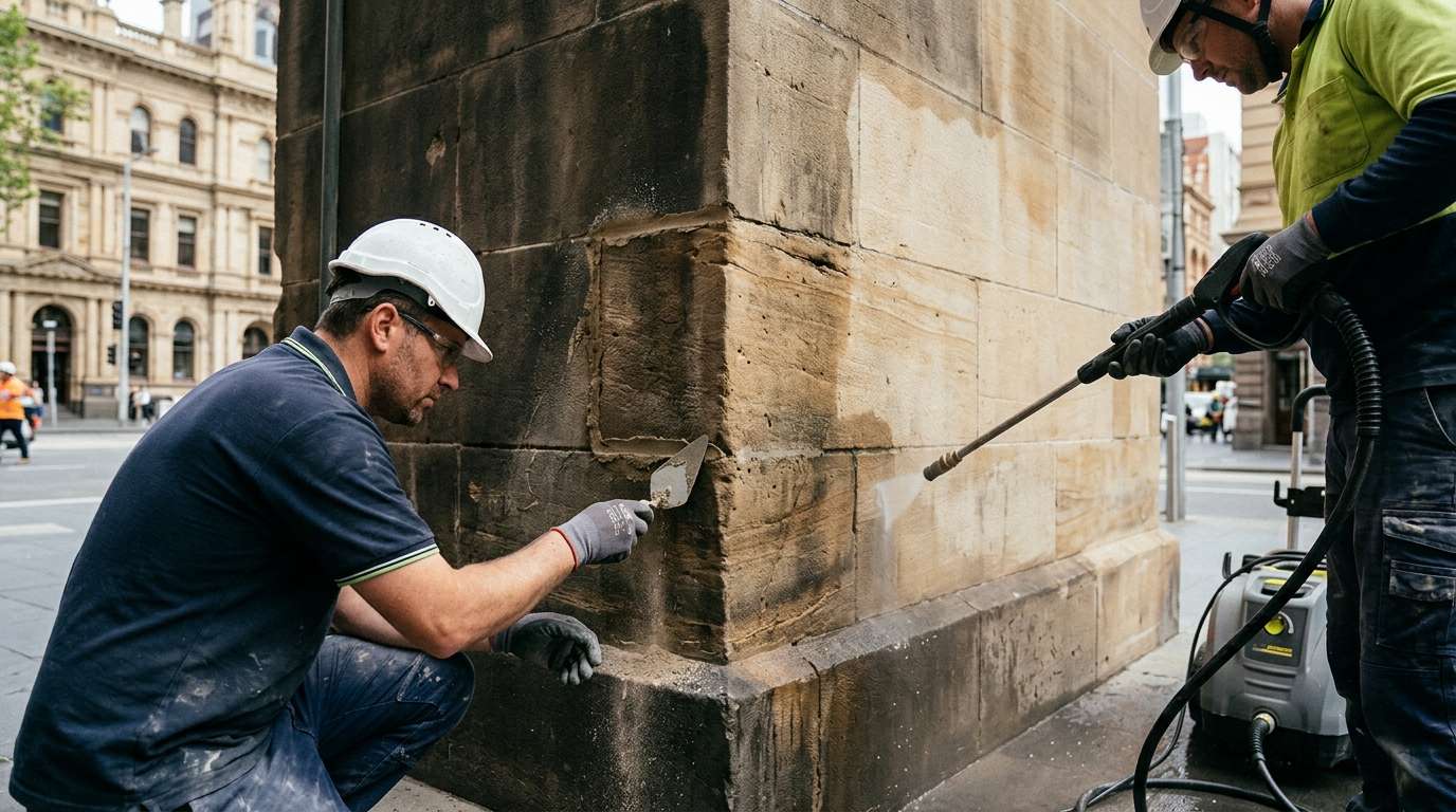 Stone facade restoration services Melbourne for natural stone building repair and cleaning