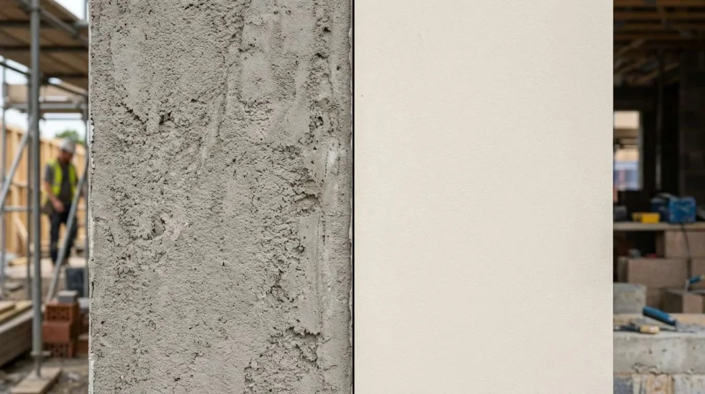 Side-by-side comparison of cement render and acrylic render showing texture and finish differences on exterior walls