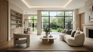 Renovated modern living room with timber flooring, smooth plaster walls, and contemporary interior design in a Melbourne home.