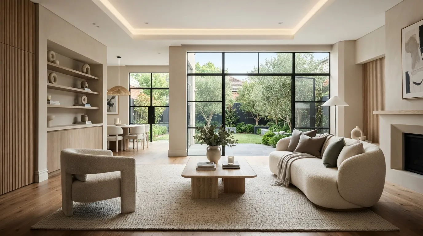 Renovated modern living room with timber flooring, smooth plaster walls, and contemporary interior design in a Melbourne home.