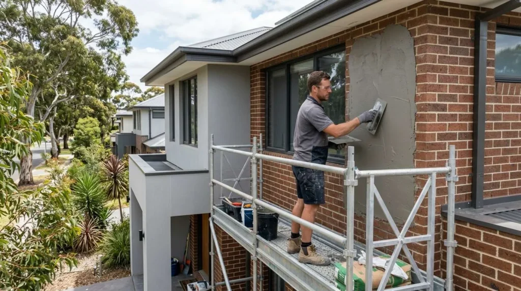 Tradesman applying acrylic render to a brick wall during a house rendering project in Melbourne.