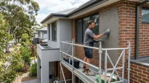 Tradesman applying acrylic render to a brick wall during a house rendering project in Melbourne.