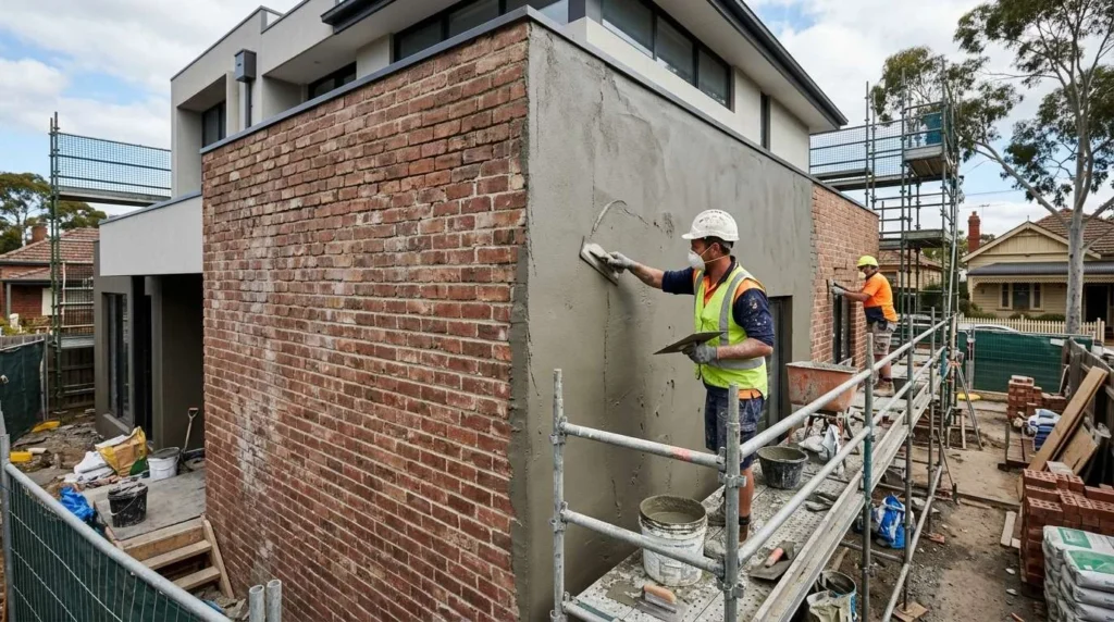 Workers applying fresh render to exterior brick wall during house renovation in Melbourne showing professional rendering process