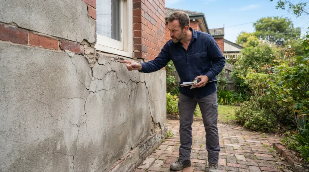 Builder inspecting cracked exterior render on a Melbourne home before repair work.