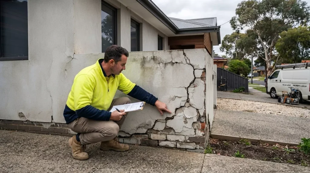 Builder inspecting damaged render on the exterior wall of a Melbourne home.