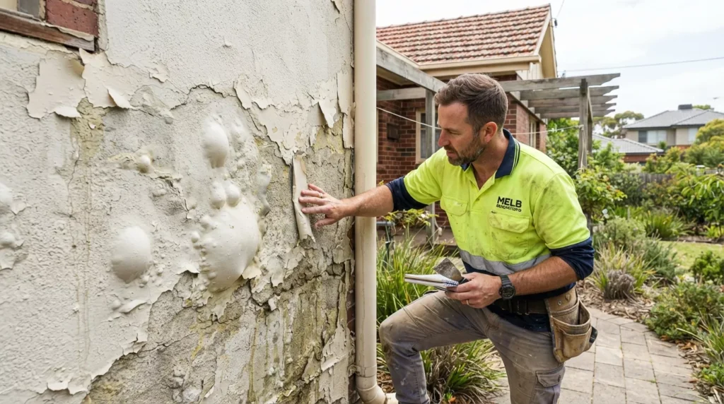 Builder inspecting damaged render on the exterior wall of a Melbourne home.