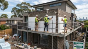 Professional construction workers installing exterior render on a residential home in Melbourne.