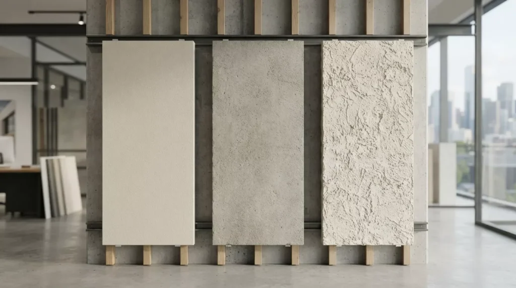 Display of exterior render samples showing different textures, colours, and finishes for Melbourne homes.