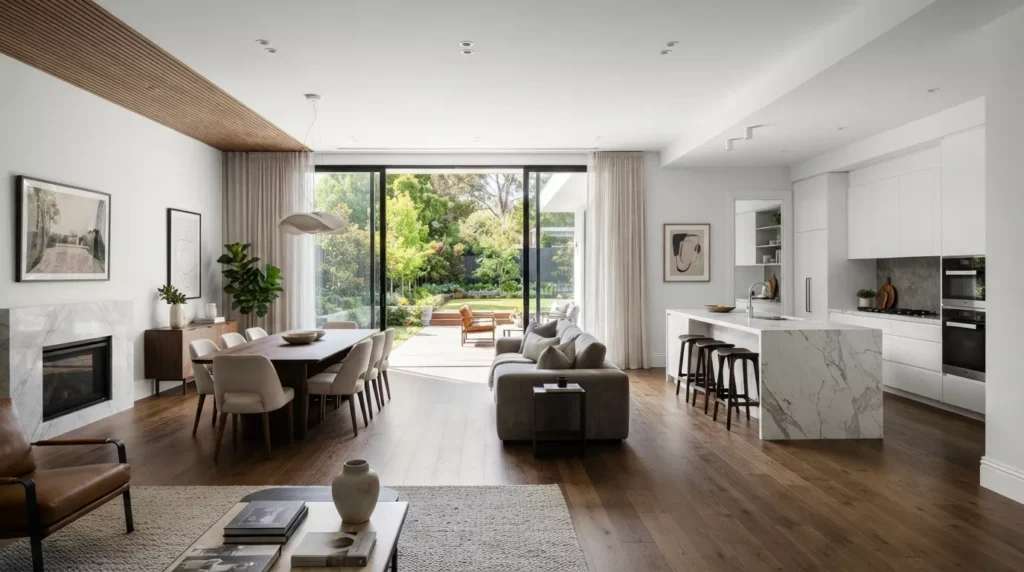 Elegant Melbourne home interior featuring smooth white set plaster walls and modern contemporary design.