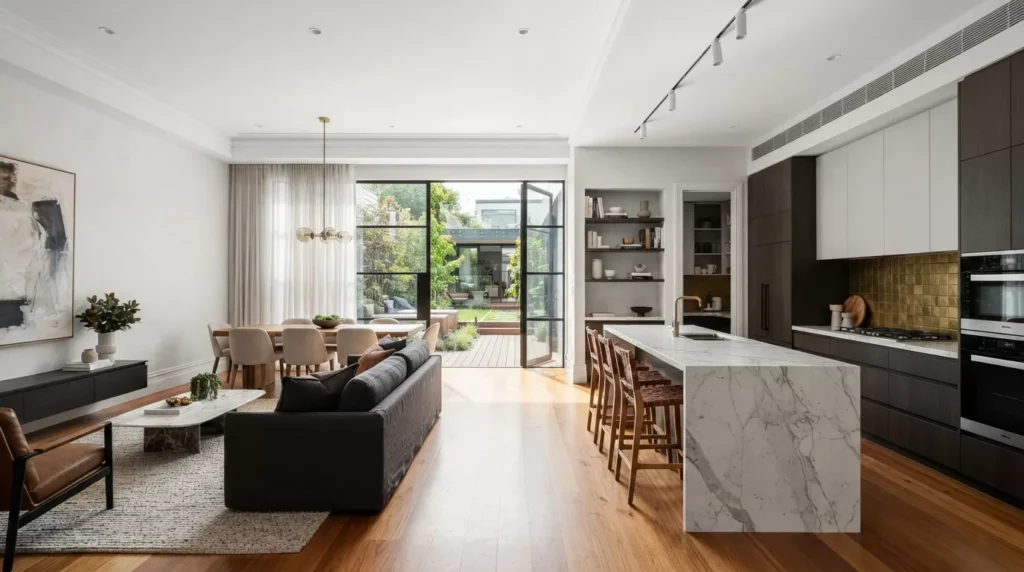 Elegant Melbourne home interior featuring premium white set plaster walls and contemporary open-plan living design.