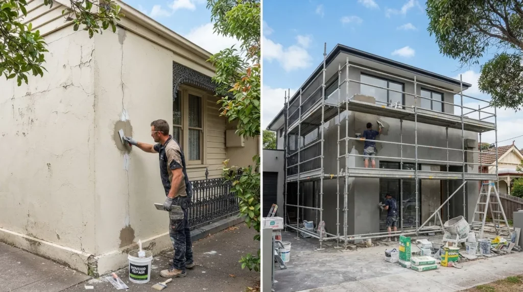 Professional home render crack repair and re-rendering on a Melbourne residential property.