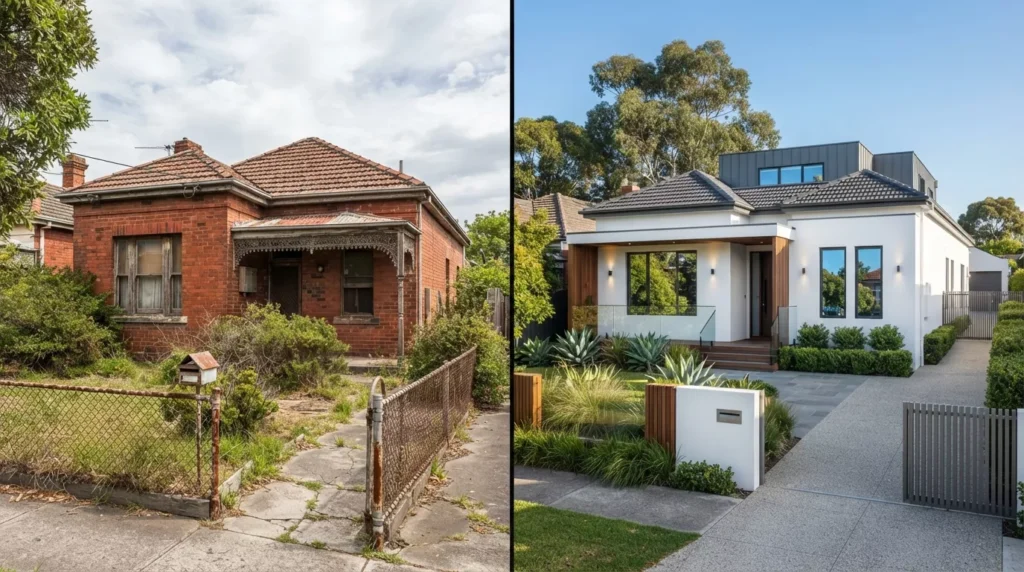 Before and after transformation of a red brick Melbourne home with professional exterior rendering.