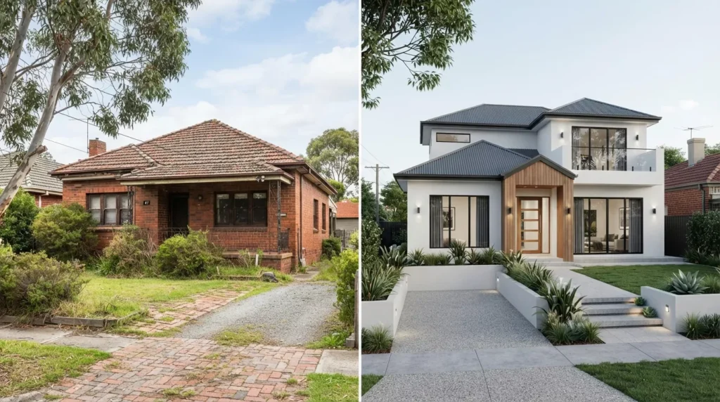 Modern Melbourne home before and after exterior rendering transformation.
