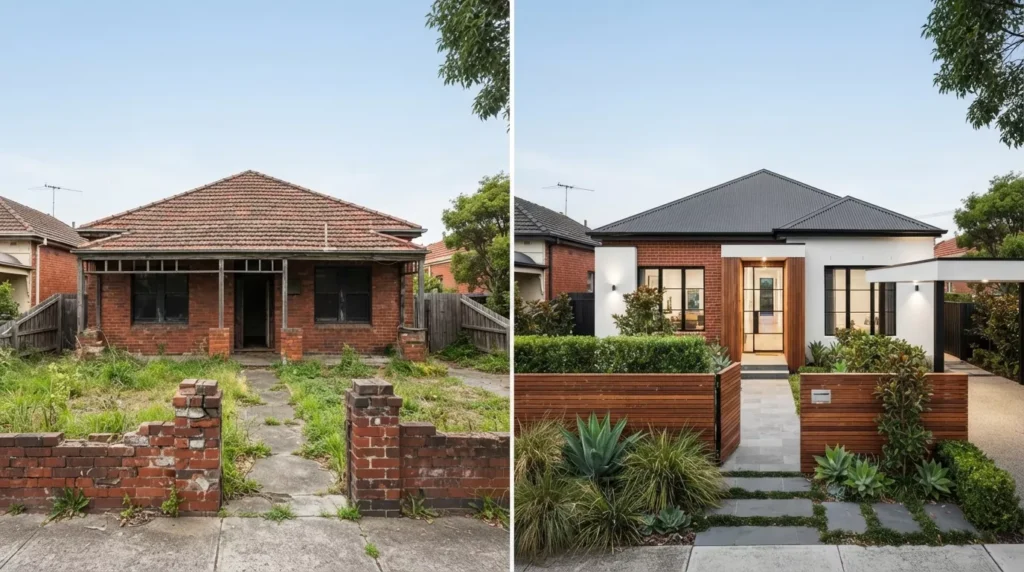 Before and after polystyrene cladding transformation of a Melbourne home.