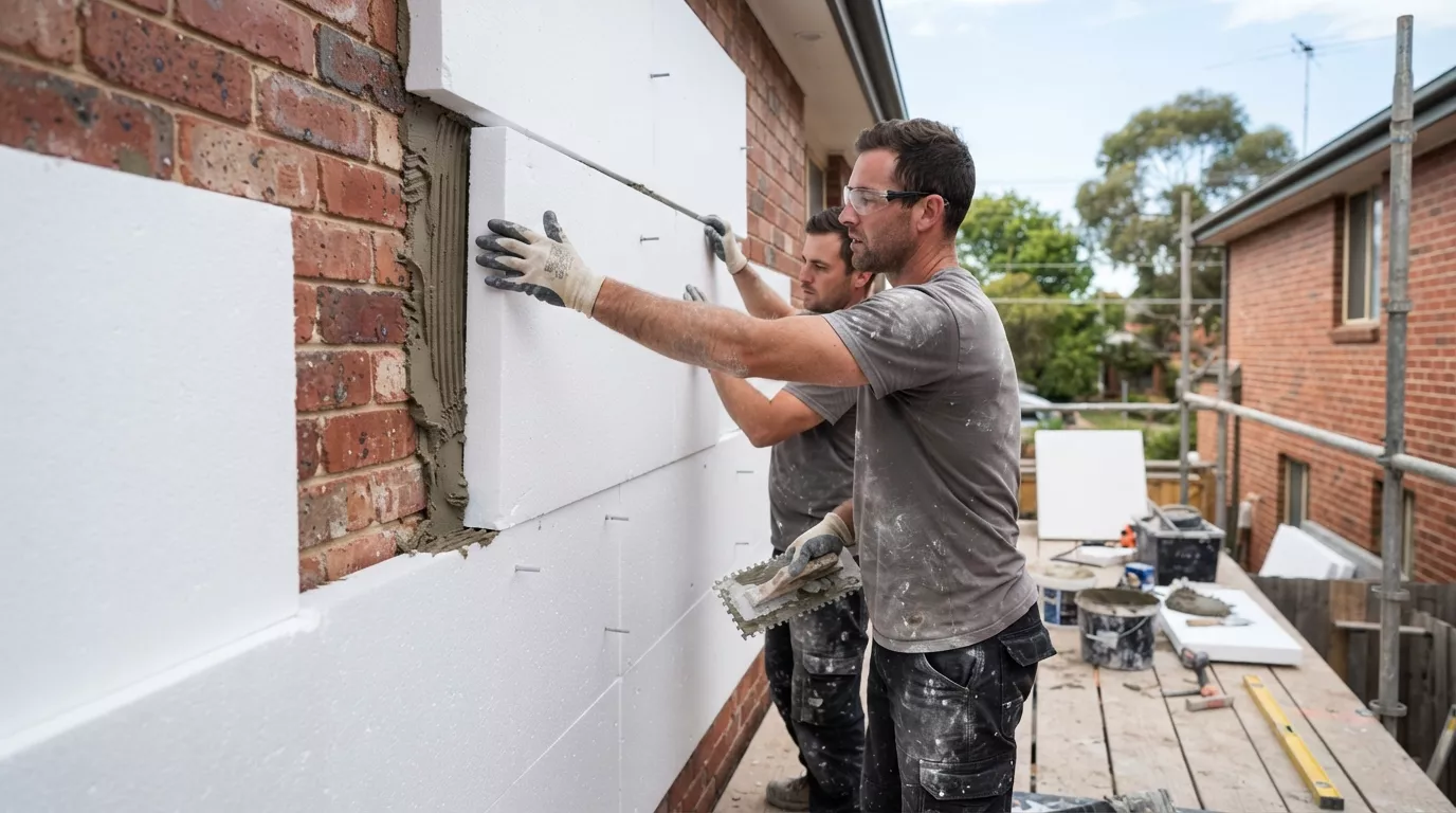 Builders installing insulated wall panels before exterior rendering in Melbourne.
