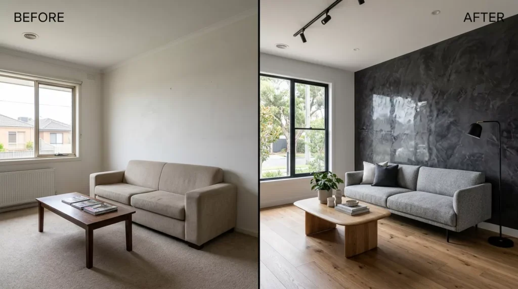 Before and after transformation of a Melbourne living room with a polished Venetian plaster feature wall.