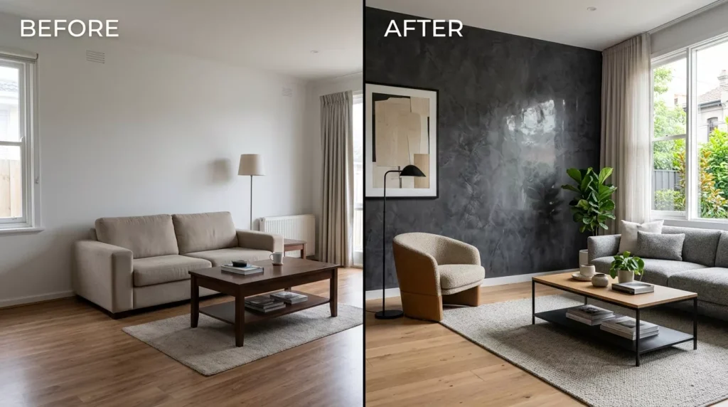 Before and after living room renovation featuring a Venetian plaster feature wall in a Melbourne home.