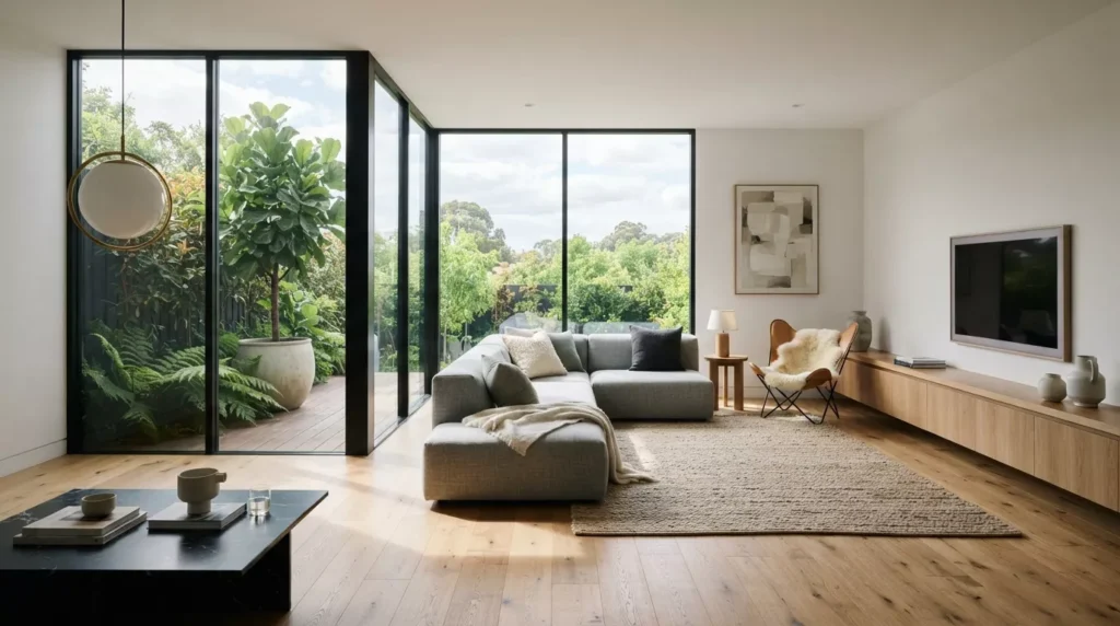 Contemporary Australian living room with a grey sofa and premium white set plaster walls in a Melbourne home.