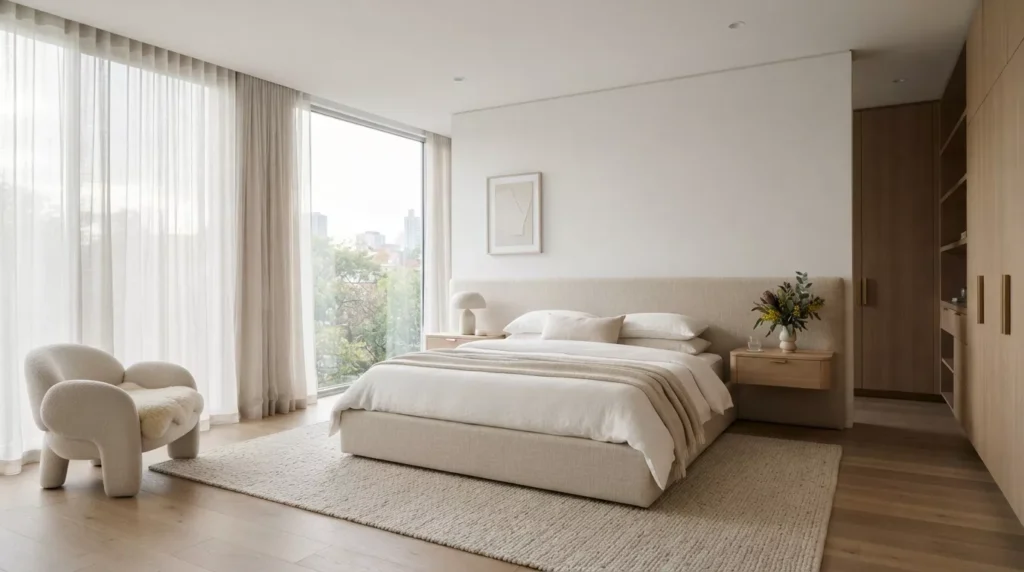 Luxury Melbourne bedroom featuring smooth white set plaster walls and contemporary interior design.