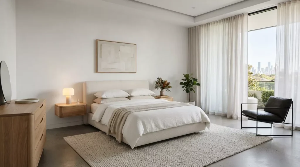 Elegant Australian bedroom with smooth white plaster walls and minimalist contemporary décor.