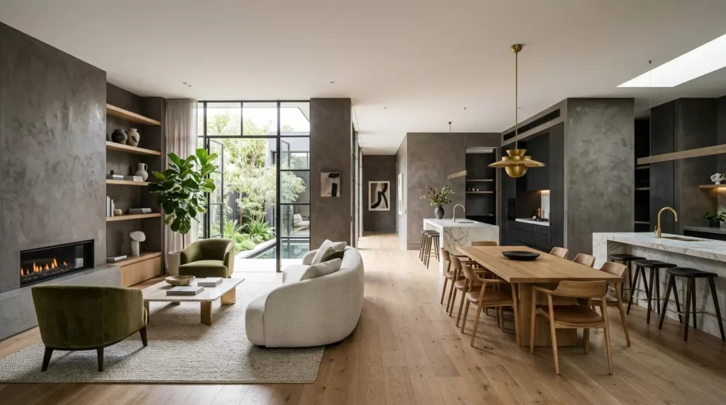 Modern luxury interior with elegant Venetian plaster walls in a Melbourne home.