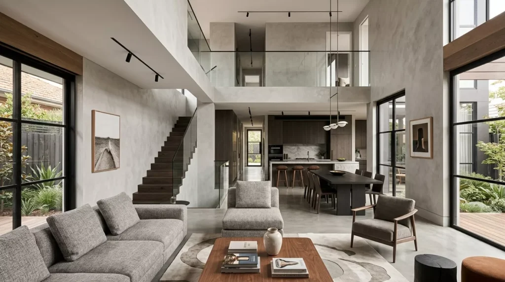 Luxury Melbourne home interior featuring polished Venetian plaster walls with a premium marble-effect finish.
