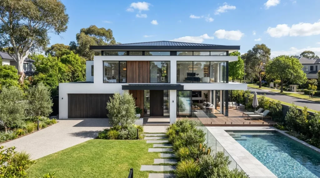 Modern luxury home with a white acrylic rendered exterior in Melbourne.