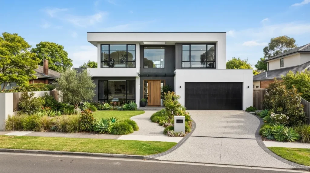 Contemporary Melbourne house with premium white acrylic rendering and landscaped front garden.