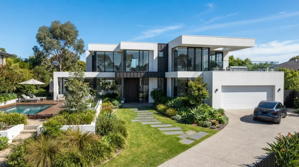 Contemporary luxury house in Melbourne featuring a premium rendered façade and modern exterior finish.