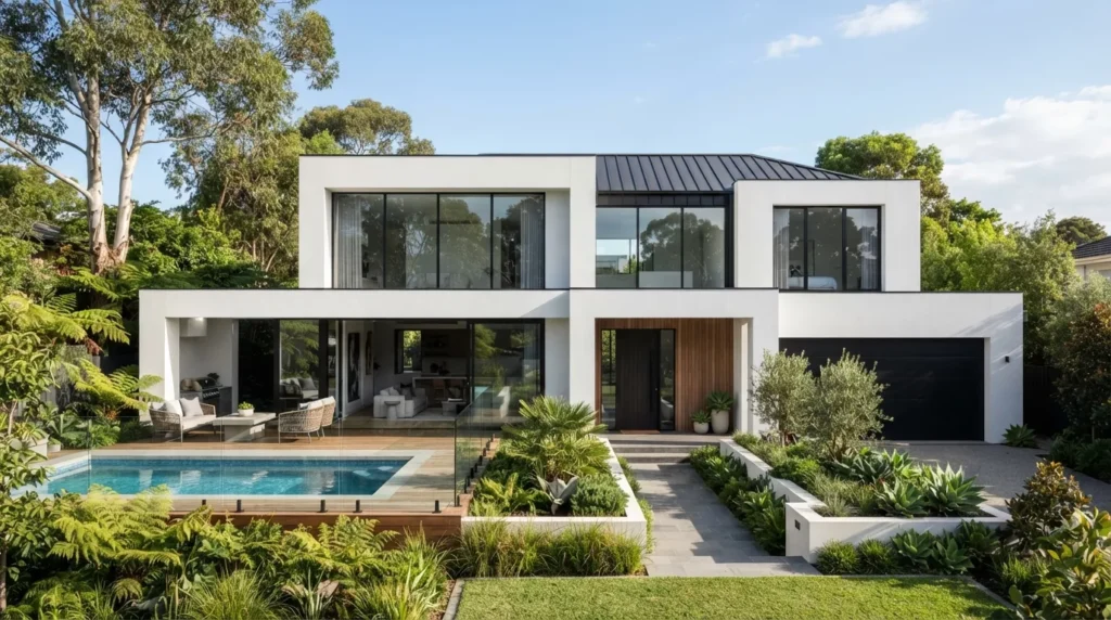 Modern luxury house in Melbourne with a premium rendered façade and landscaped surroundings.