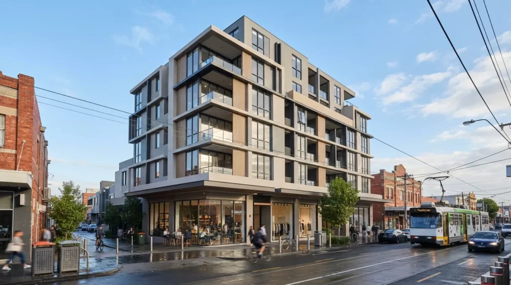 Modern commercial building in Footscray with a premium rendered exterior finish.