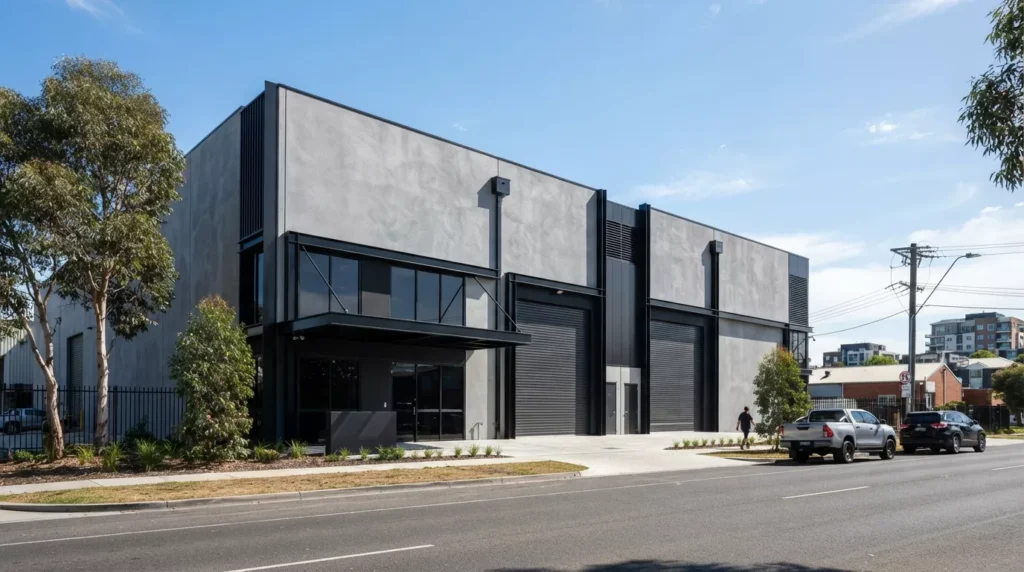 Modern industrial warehouse in Melbourne with a professionally rendered exterior façade.
