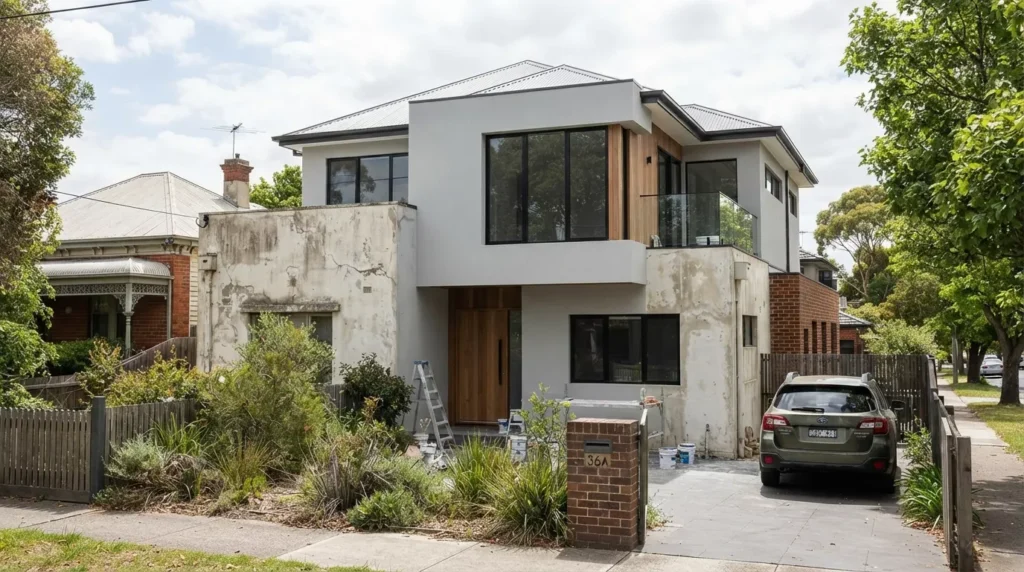 Modern Melbourne home with faded and weathered exterior render.