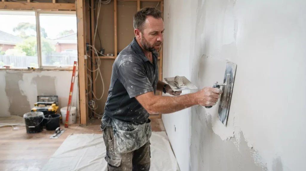 Melbourne plasterers preparing walls for a premium white set plaster finish during an interior renovation.