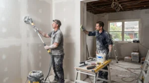 Professional plasterers preparing interior walls for white set plaster application in a Melbourne home renovation.