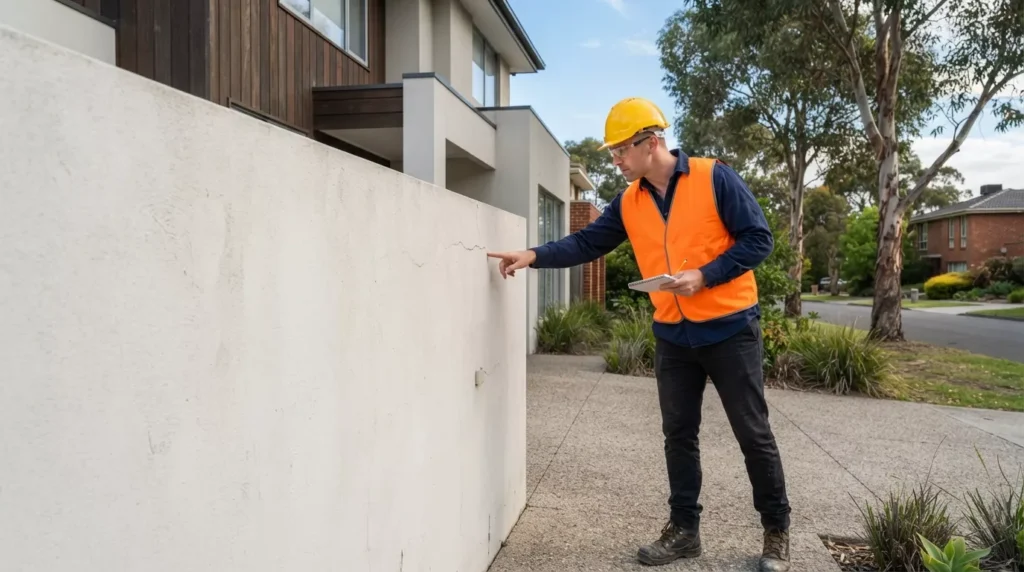 Experienced renderer inspecting the exterior wall finish of a newly rendered Melbourne home.