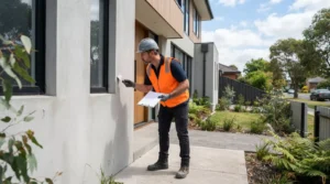 Professional renderer inspecting a newly rendered house exterior in Melbourne for quality and finish.