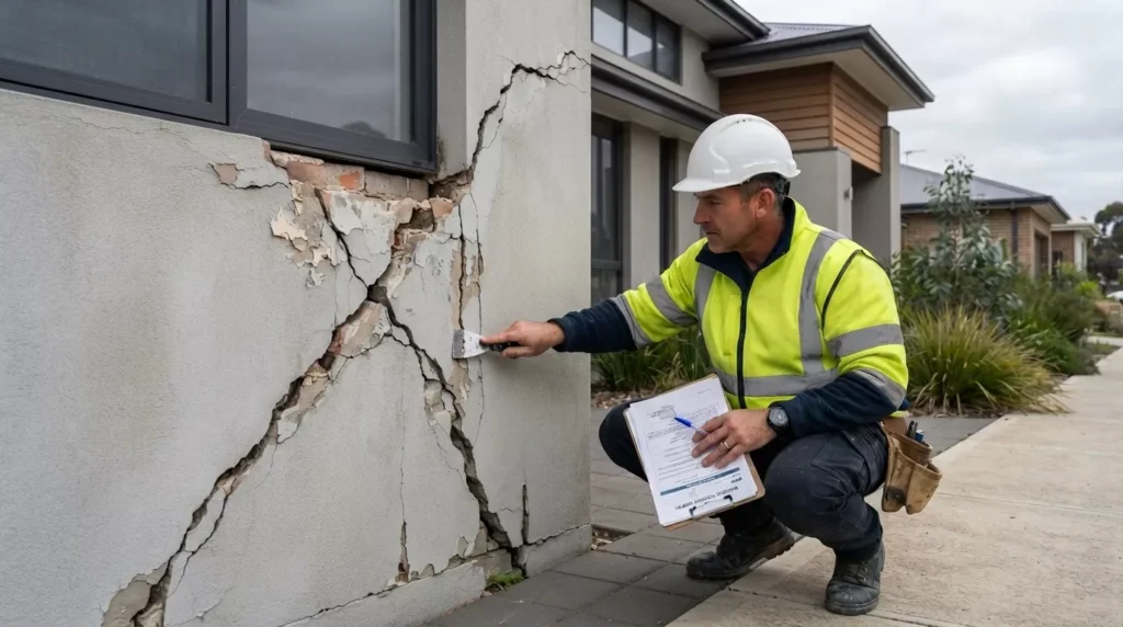 Professional builder examining cracked render on a residential property in Melbourne.