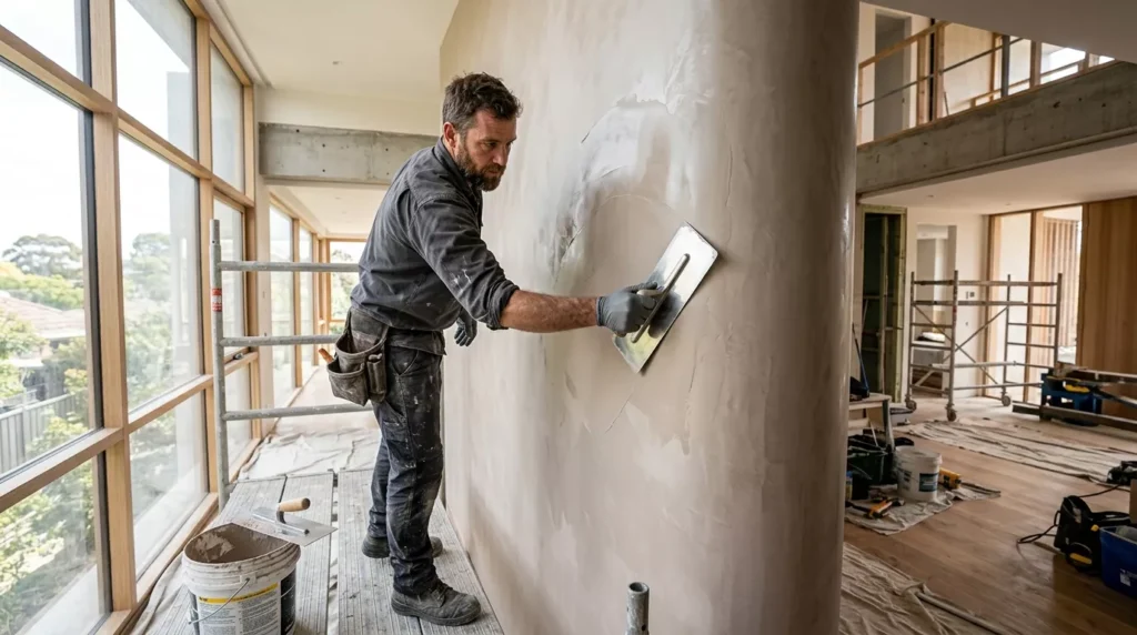 Professional tradesman applying Venetian plaster to an interior wall in a Melbourne home.