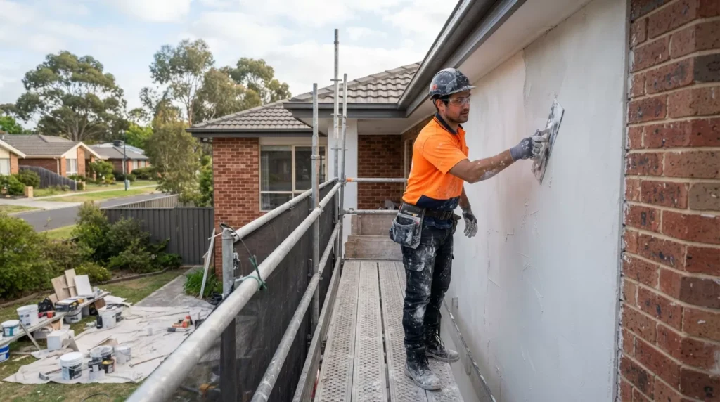 Experienced renderer applying premium exterior render to a brick wall of a Melbourne home during a professional house rendering project.